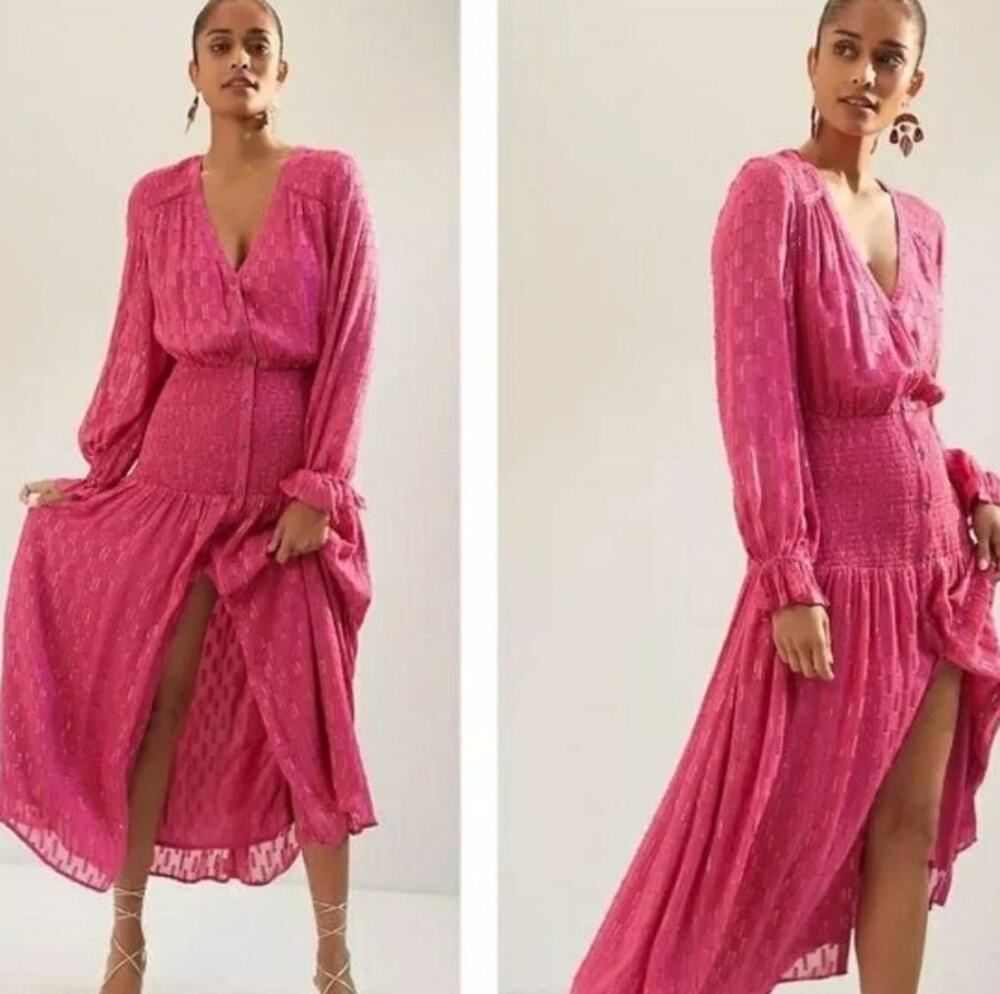 Anthropologie Smocked Hot Pink Long Sleeve Maxi Dress Small